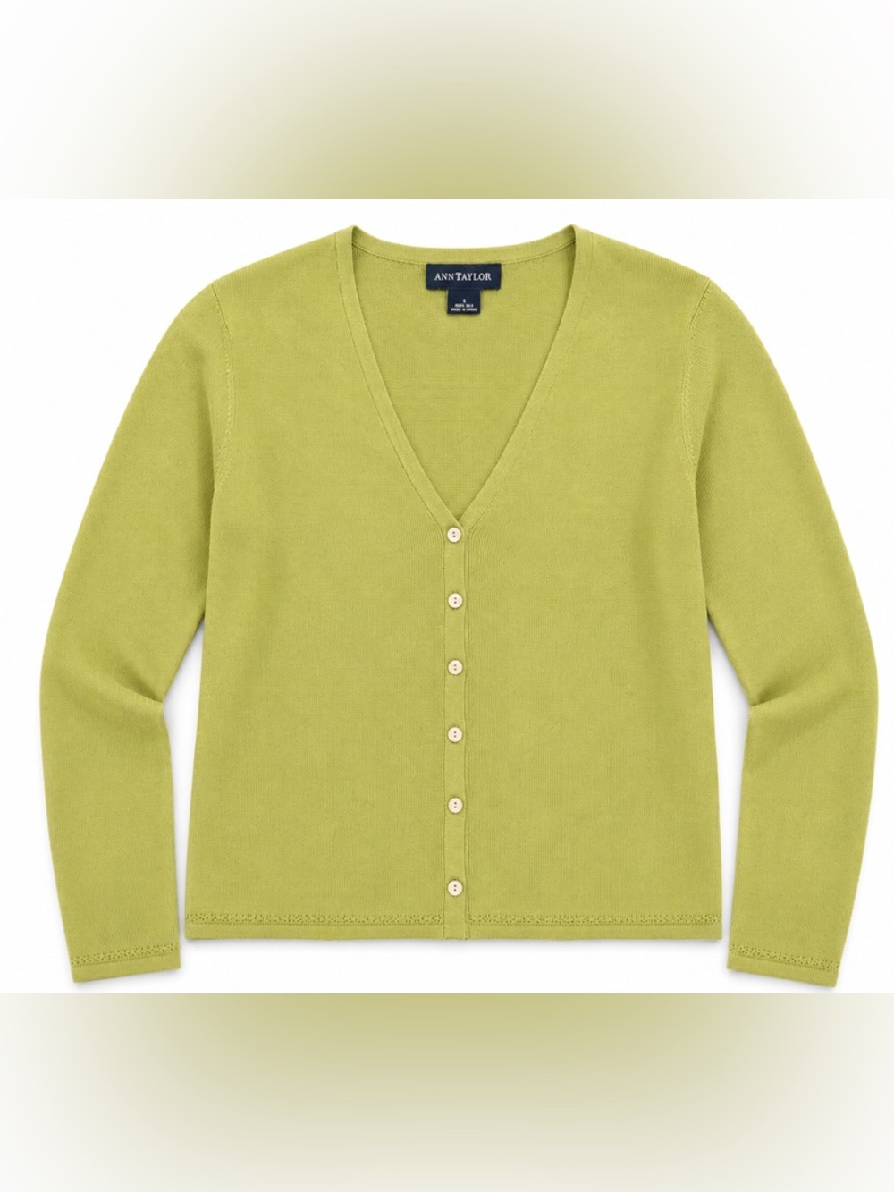 100% Silk Ann Taylor Cardigan Sweater Sage Green V Neck Medium - Picture 2 of 4
